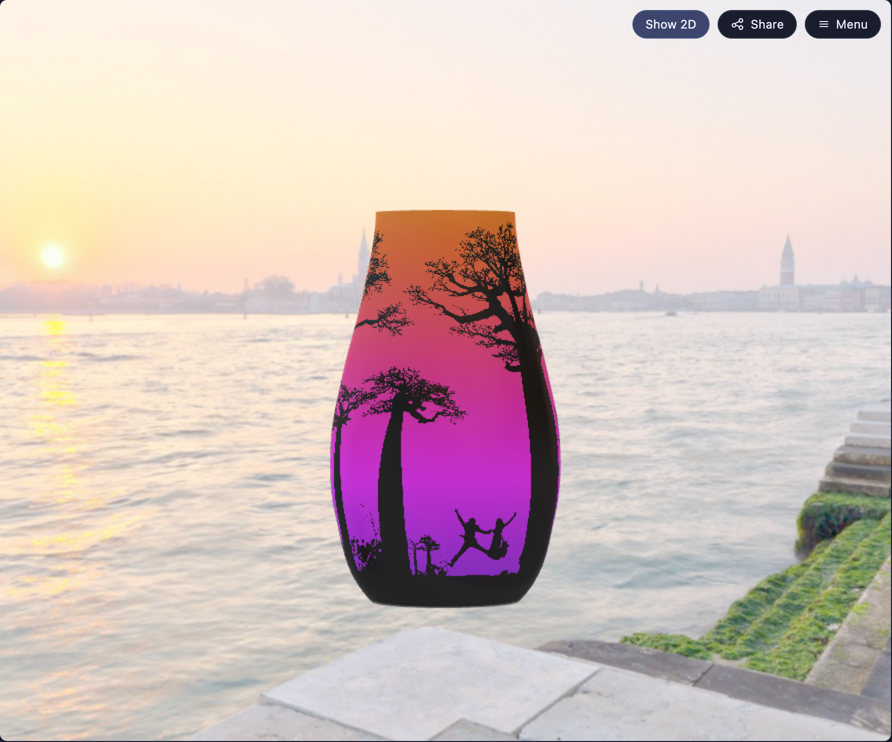 Madagascar Wedding Graal visualization showing baobab silhouettes over a sunset